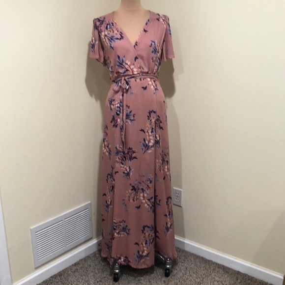 Lulu’s Fiorire Rose Floral Print Wrap Maxi Dress Size Small Mauve Pink - Picture 2 of 10